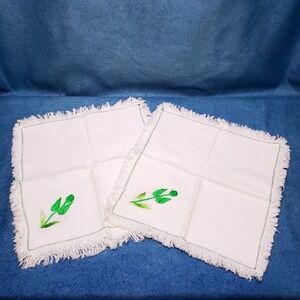 Vintage White‎ Napkins Set of 2 Green Leaf Embroidery Fringed Edge Cocktail MCM
